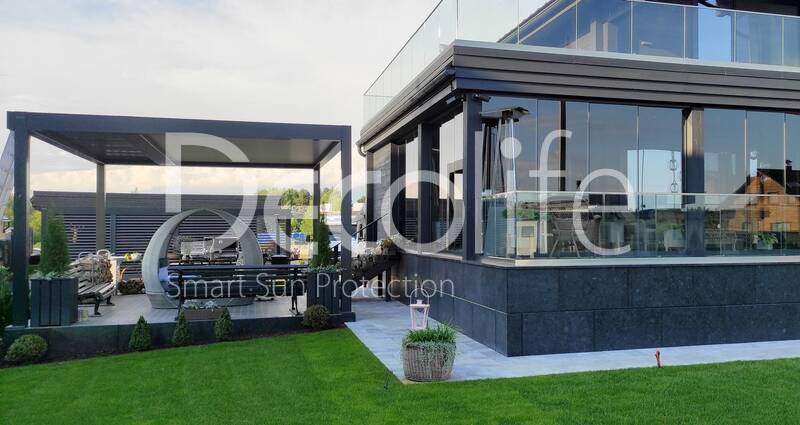 Pergola Decolife B600 PIR, glazing S200, glass railing B50 - 