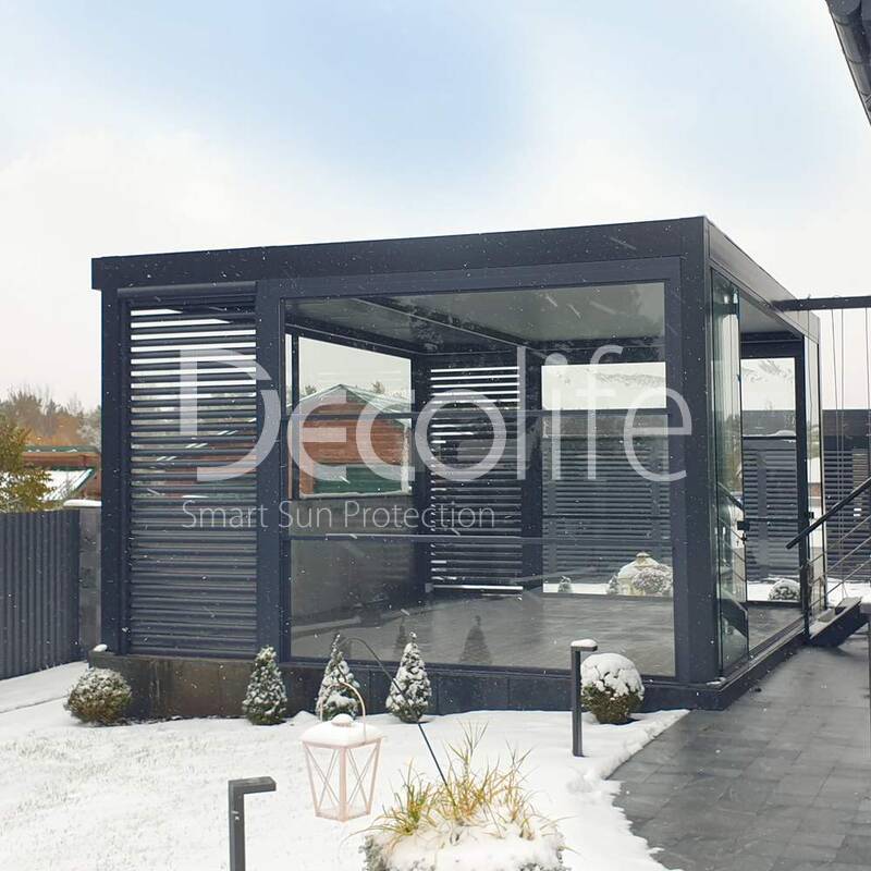 Pergola Decolife В600 PIR+ Facade blinds FZ-44 + Guillotine W500 and sliding S200 glazing - 