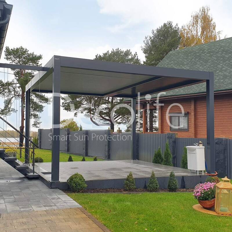 Pergola Decolife В600 PIR+ Facade blinds FZ-44 + Guillotine W500 and sliding S200 glazing - 