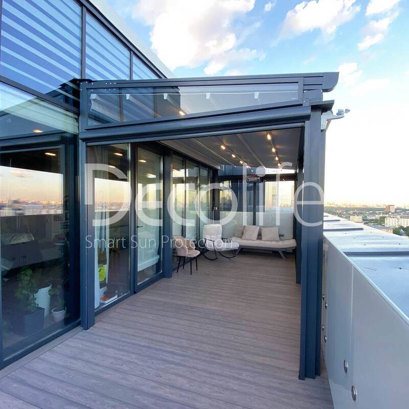 Pergola awning Decolife Basic&Pro New + Guliotine glazing W500 + Vertical system Zip 100 - implemented by partner ''Lux Terras'' - 