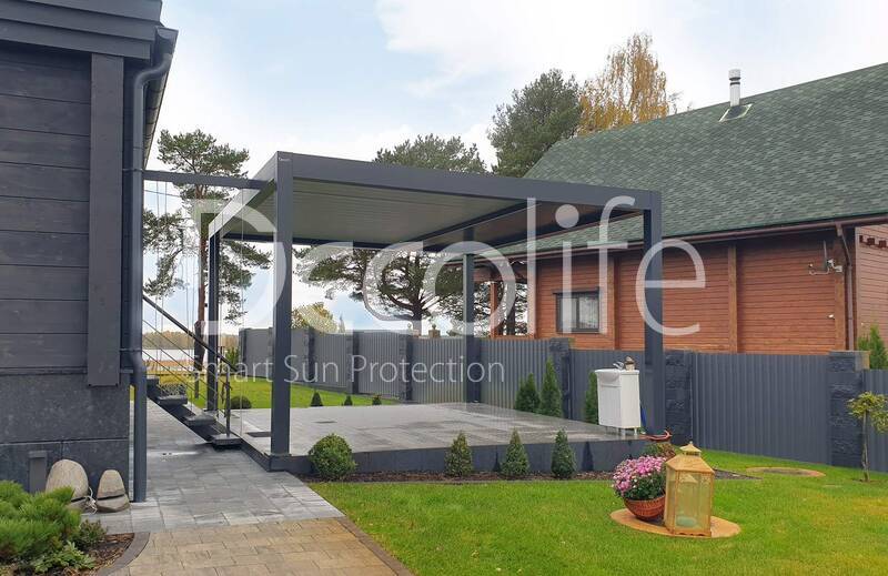 Pergola Decolife В600 PIR+ Facade blinds FZ-44 + Guillotine W500 and sliding S200 glazing - 
