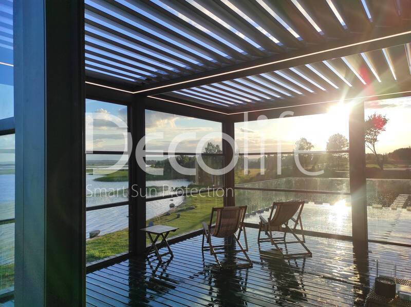 Pergola Decolife Bioclimatic B500-25P + Guillotine W500 and Sliding S150  glazing + Glass railing B50 - 