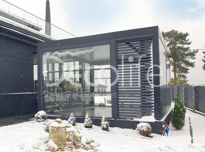 Pergola Decolife В600 PIR+ Facade blinds FZ-44 + Guillotine W500 and sliding S200 glazing - 