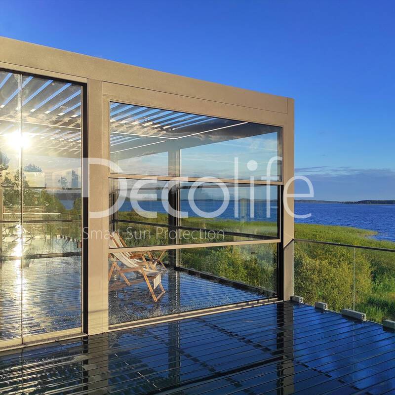 Pergola Decolife Bioclimatic B500-25P + Guillotine W500 and Sliding S150  glazing + Glass railing B50 - 