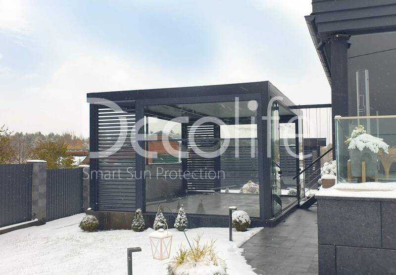 Pergola Decolife В600 PIR+ Facade blinds FZ-44 + Guillotine W500 and sliding S200 glazing - 