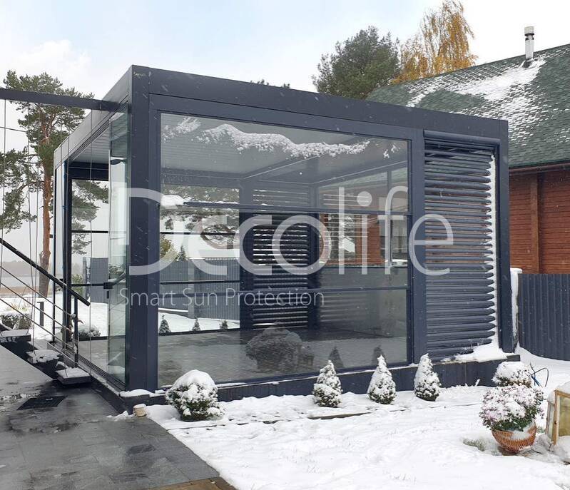 Pergola Decolife В600 PIR+ Facade blinds FZ-44 + Guillotine W500 and sliding S200 glazing - 